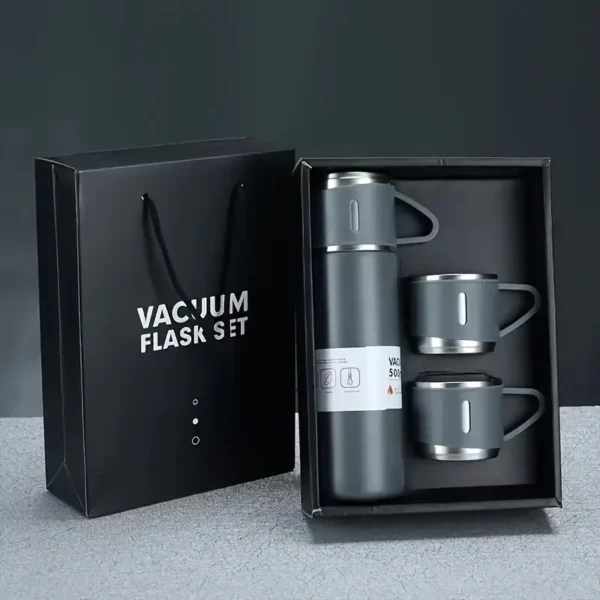 Termo Vaso Térmico Acero Inoxidable - 500ml + 3 Tazas COLOR GRIS